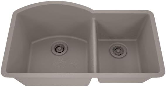 Dakota Kavlen 32-Inch Undermount 70/30 Double Bowl Quartz Composite Kitchen Sink, Contemporary Design, Heat & Scratch Resistant, Concrete -