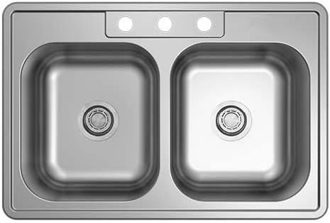 Dakota 33" Traditional Standard Radius Top-Mount 50/50 Double Bowl 304 Stainless Steel Kitchen Sink, Equal Bowl, Fits 36" Cabinet – GSR-20-TM50508-3.