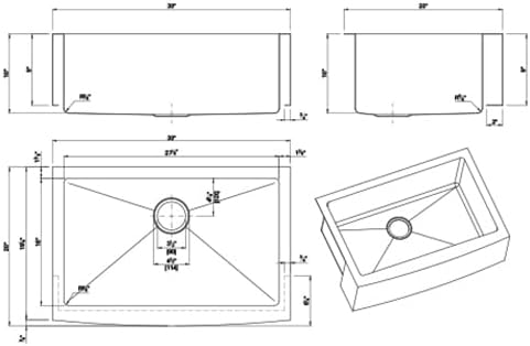Dakota Marela 30-Inch Farmhouse Apron Kitchen Sink, Single Bowl, 16-Gauge 304 Stainless Steel, Micro Radius Corners, Undermount, Rear Drain, Includes Grid & Strainer- DSM-A3020 (Brushed Nickel).