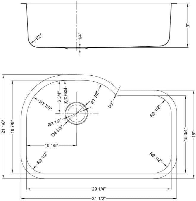 Dakota Sinara Traditional Single Bowl Standard Radius Undermount 304 Stainless Steel Kitchen Sink – Satin Brushed Nickel, P-Bowl, Fits 36" Cabinet, Left-Rear Drain – DSR-3121