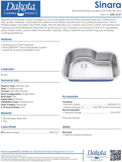 Dakota Sinara Traditional Single Bowl Standard Radius Undermount 304 Stainless Steel Kitchen Sink – Satin Brushed Nickel, P-Bowl, Fits 36" Cabinet, Left-Rear Drain – DSR-3121