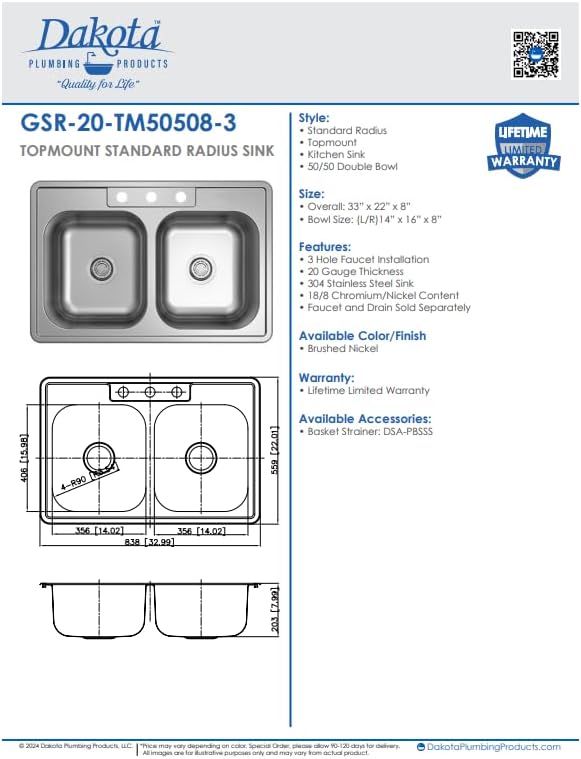 Dakota 33" Traditional Standard Radius Top-Mount 50/50 Double Bowl 304 Stainless Steel Kitchen Sink, Equal Bowl, Fits 36" Cabinet – GSR-20-TM50508-3.