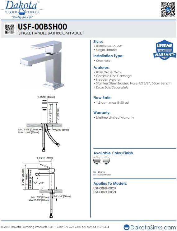 Dakota Brushed Nickel Bathroom Faucet – Single Handle, 1-Hole Vanity Sink Faucet, Modern Deck-Mount, cUPC Certified.