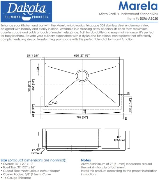 Dakota Marela 30-Inch Farmhouse Apron Kitchen Sink, Single Bowl, 16-Gauge 304 Stainless Steel, Micro Radius Corners, Undermount, Rear Drain, Includes Grid & Strainer- DSM-A3020 (Brushed Nickel).