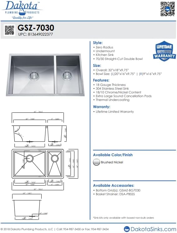 Dakota Zylo 32-Inch 70/30 Double Bowl Undermount Kitchen Sink, 18-Gauge 304 Stainless Steel, Zero Radius Corners, Rear Drain, Brushed Finish - Cabinet Size: Greater than 33"