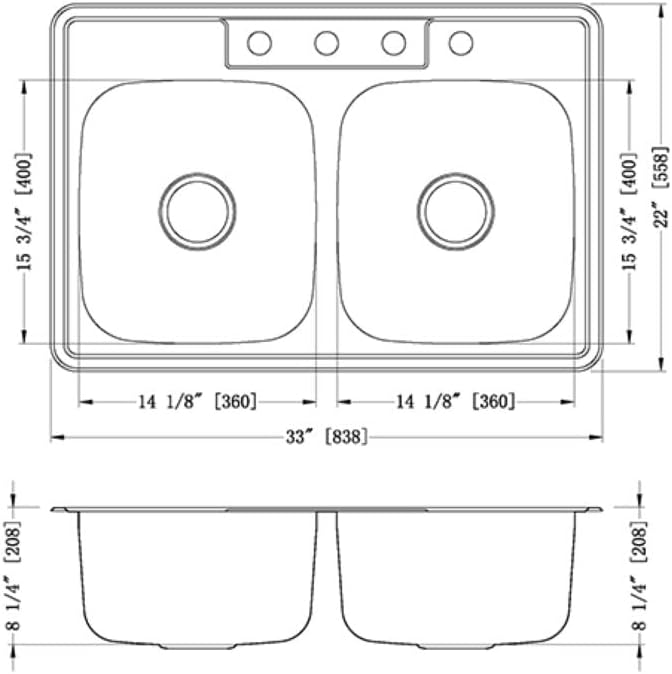Dakota 33" Traditional Standard Radius Top-Mount 50/50 Double Bowl 304 Stainless Steel Kitchen Sink, Equal Bowl, Fits 36" Cabinet – GSR-20-TM50508-3.