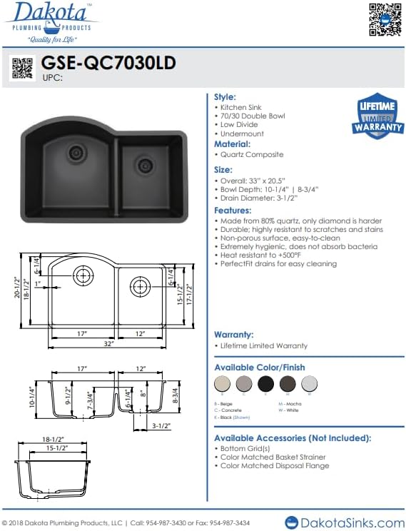 Dakota Kavlen 32-Inch Undermount 70/30 Double Bowl Quartz Composite Kitchen Sink, Contemporary Design, Heat & Scratch Resistant, Concrete -
