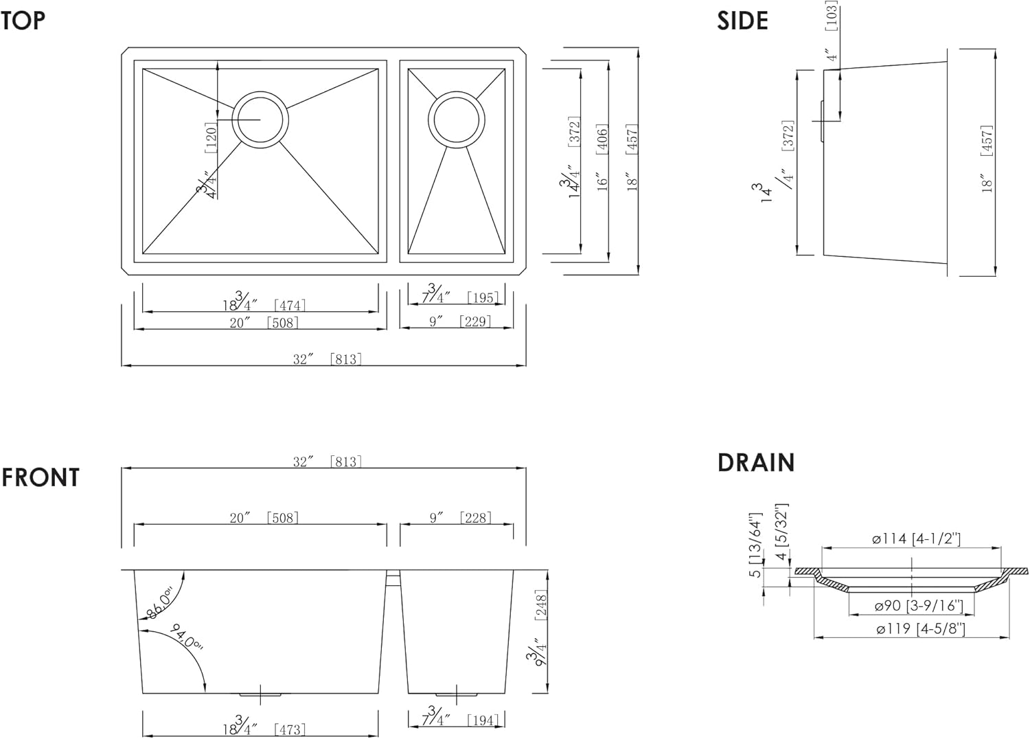 Dakota Zylo 32-Inch 70/30 Double Bowl Undermount Kitchen Sink, 18-Gauge 304 Stainless Steel, Zero Radius Corners, Rear Drain, Brushed Finish - Cabinet Size: Greater than 33"