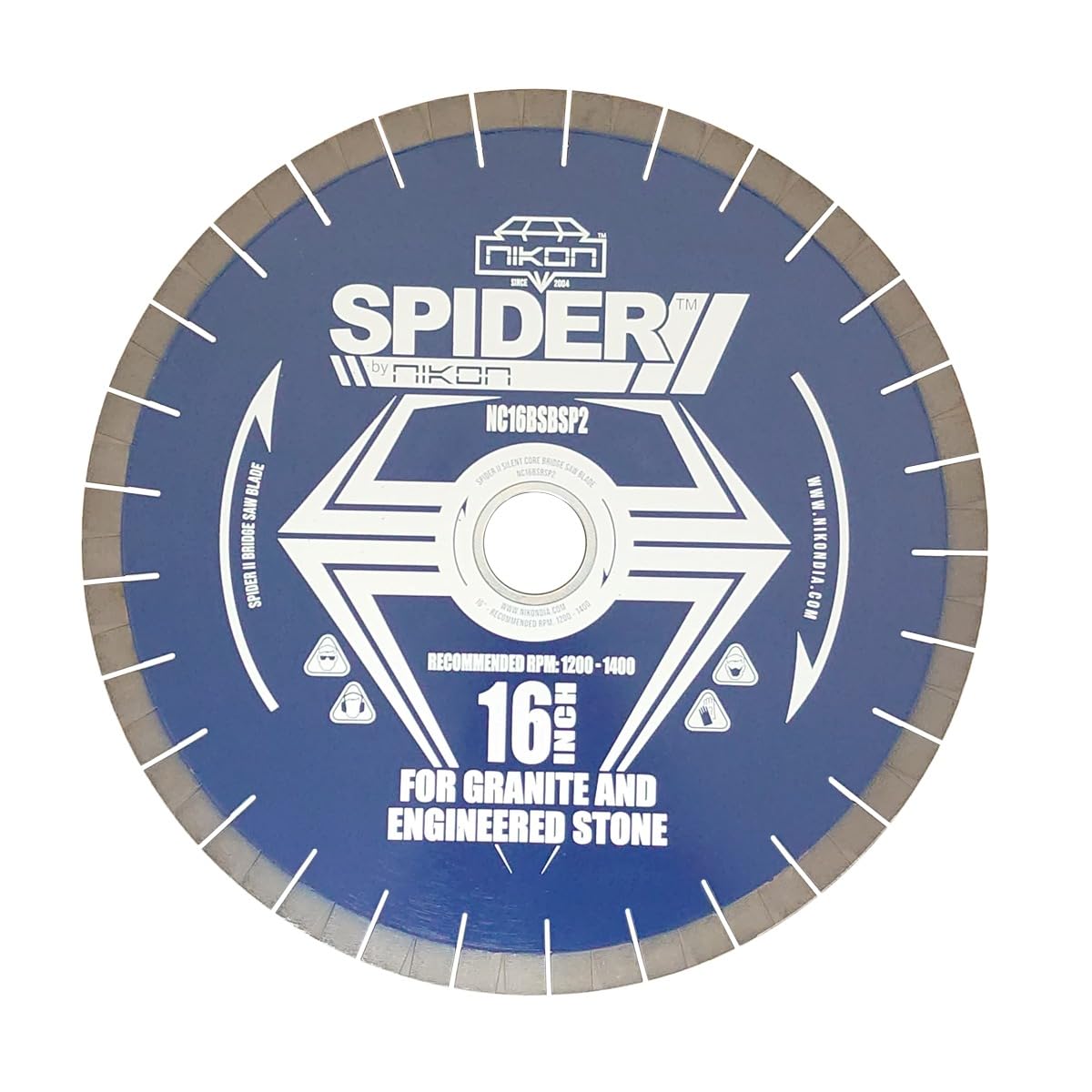 Spider™ II Bridge Saw Blade: 14-20 Inch, 20mm Patterned Diamond Segments, for Granite, Quartz & Engineered Stone, 50/60mm Arbor.