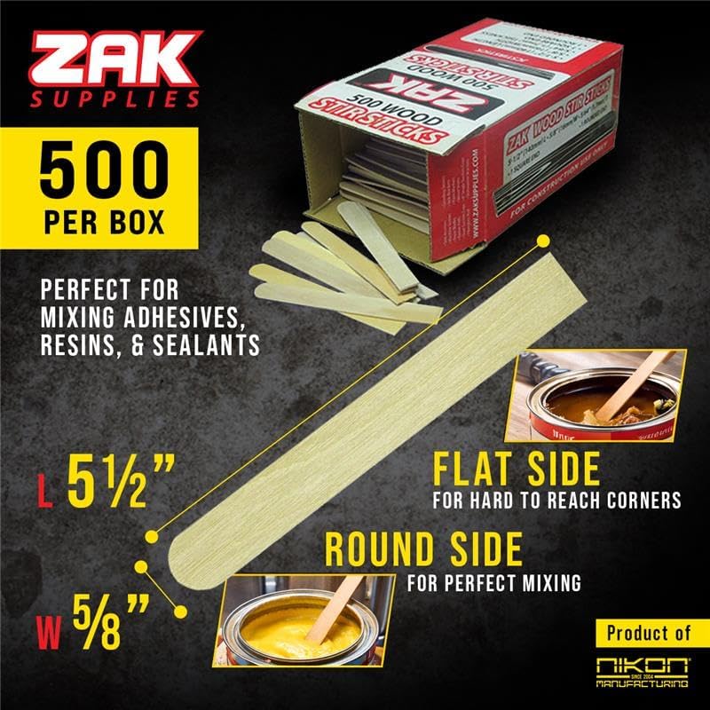 ZAK™ Wood Stir Sticks for Paint, Epoxy & Resin Mixing – 5.5 Inch Wooden Mixing Sticks, Flat & Rounded Ends, 500 Count Box, Installation & DIY Supplies.