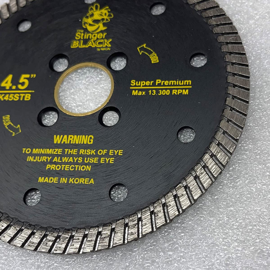 STINGER™ Black Turbo Diamond Blade for Granite, Quartz & Porcelain – Zipper Segment Dry Cutting Wheel with Flush Cut Holes for Angle Grinder