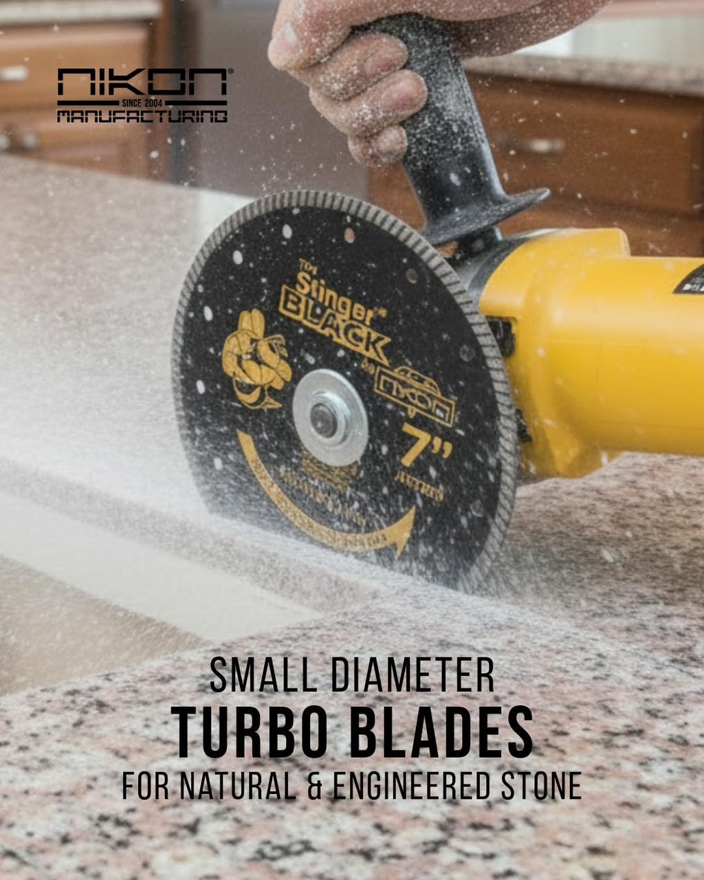 STINGER™ Black Turbo Diamond Blade for Granite, Quartz & Porcelain – Zipper Segment Dry Cutting Wheel with Flush Cut Holes for Angle Grinder