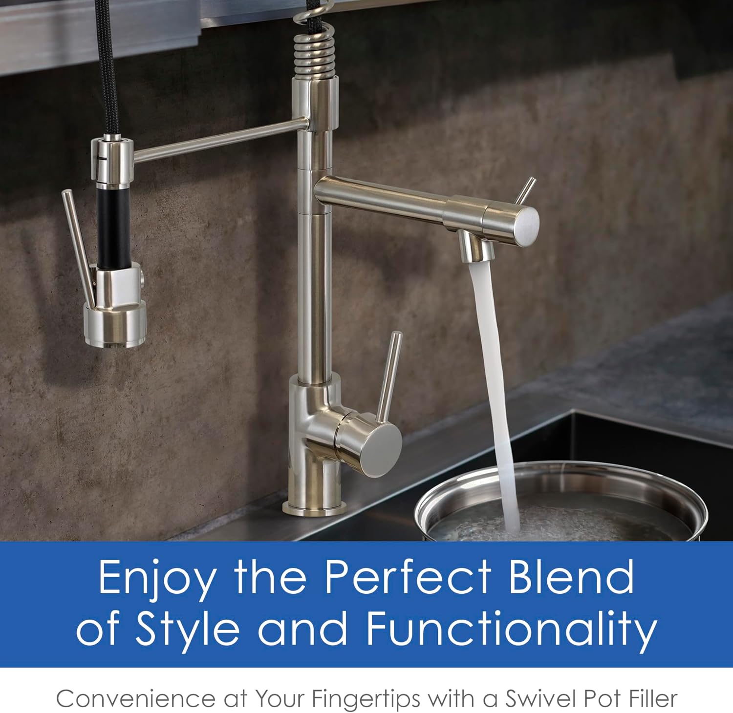 Dakota Pull Down Kitchen Faucet with Pot Filler – Single Hole Commercial Style Kitchen Sink Faucet, 22-Inch High Arc, 1.5 GPM (Brushed Nickel/ Chrome)