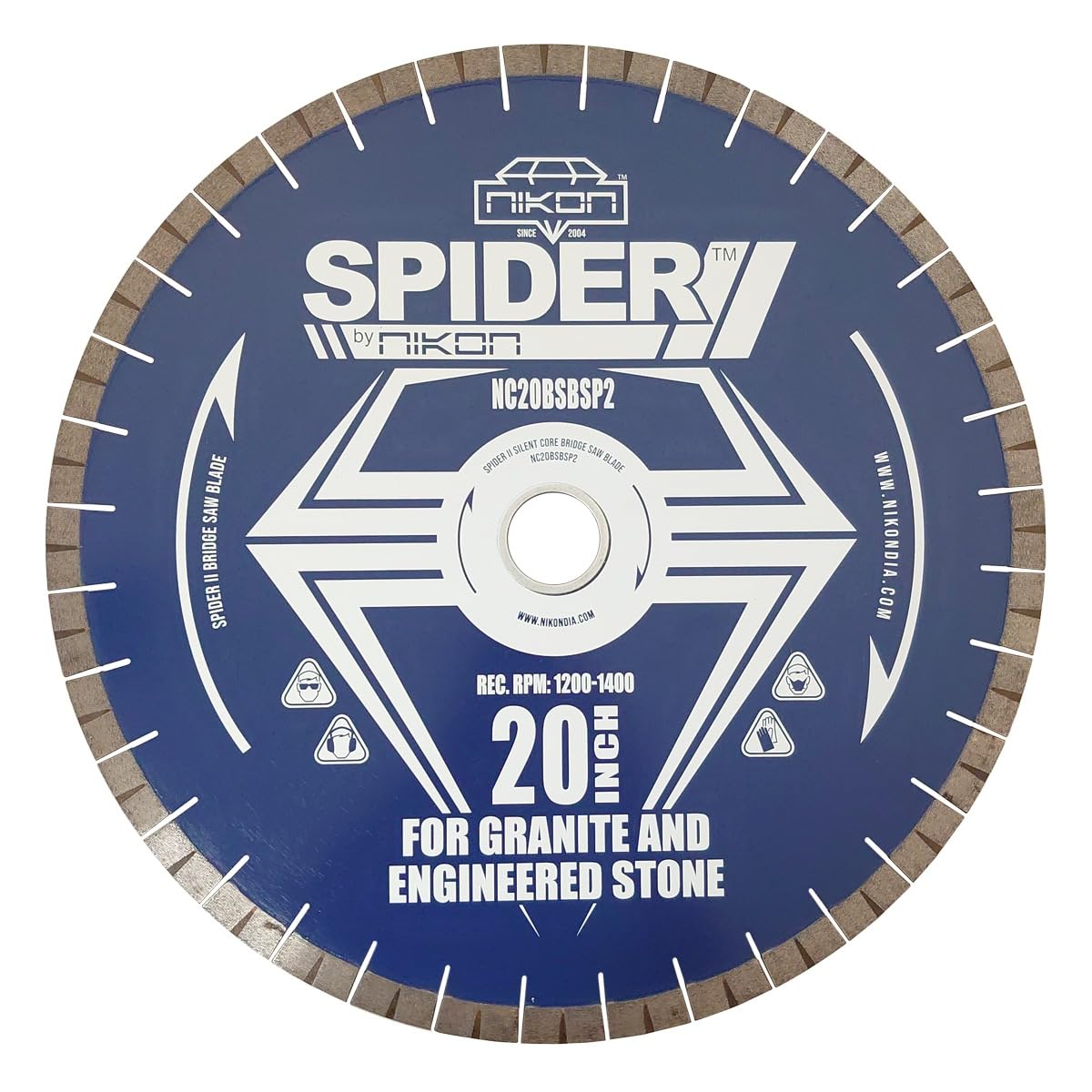 Spider™ II Bridge Saw Blade: 14-20 Inch, 20mm Patterned Diamond Segments, for Granite, Quartz & Engineered Stone, 50/60mm Arbor.