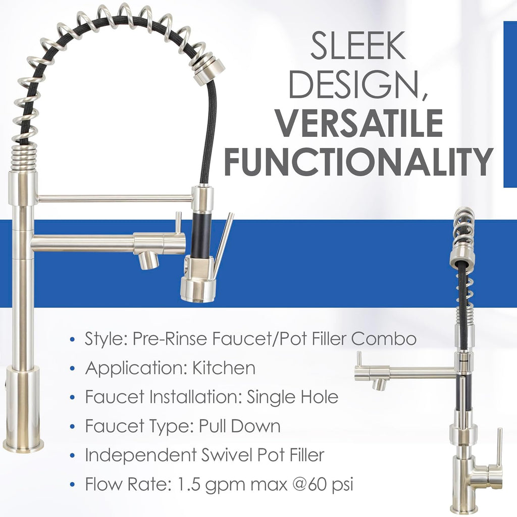 Dakota Pull Down Kitchen Faucet with Pot Filler – Single Hole Commercial Style Kitchen Sink Faucet, 22-Inch High Arc, 1.5 GPM (Brushed Nickel/ Chrome)