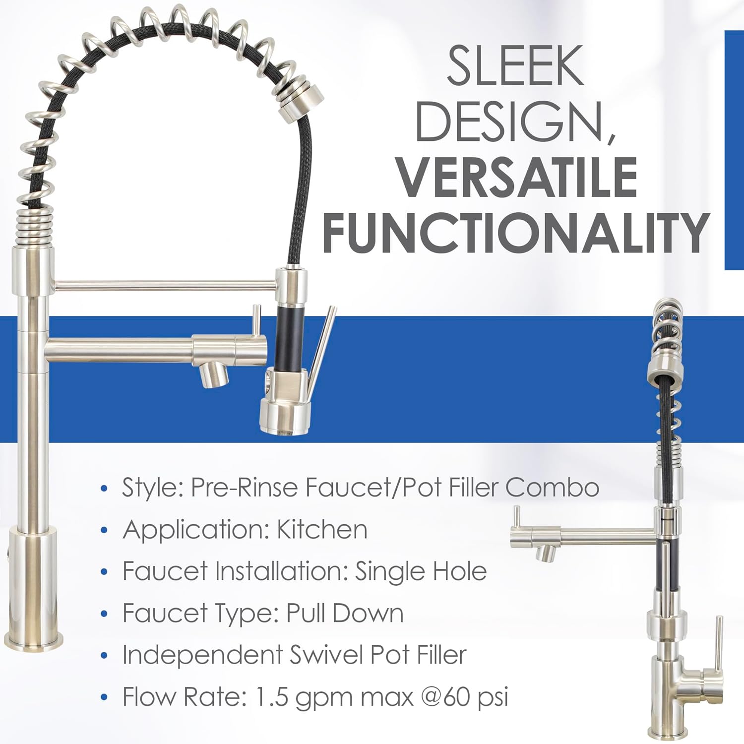 Dakota Pull Down Kitchen Faucet with Pot Filler – Single Hole Commercial Style Kitchen Sink Faucet, 22-Inch High Arc, 1.5 GPM (Brushed Nickel/ Chrome)
