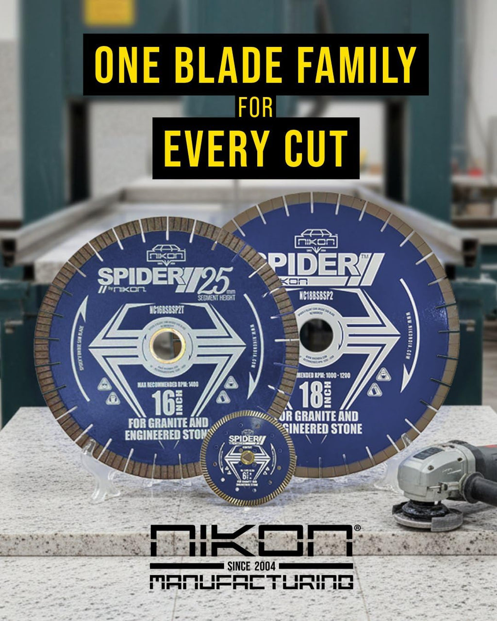 Spider™ II Bridge Saw Blade: 14-20 Inch, 20mm Patterned Diamond Segments, for Granite, Quartz & Engineered Stone, 50/60mm Arbor.