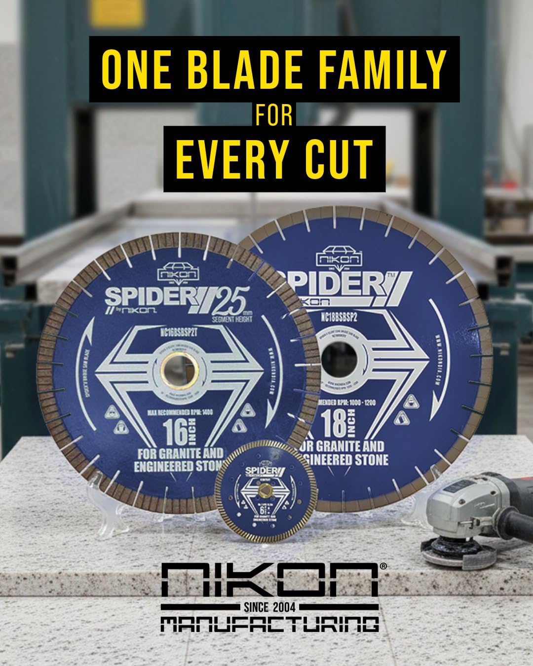 Spider™ II Bridge Saw Blade: 14-20 Inch, 20mm Patterned Diamond Segments, for Granite, Quartz & Engineered Stone, 50/60mm Arbor.