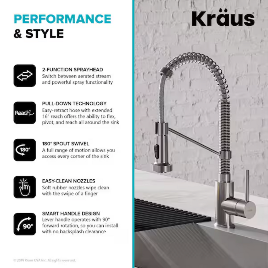 KRAUS Loften All-in-One 33 in Drop In Single Bowl 18-Gauge Stainless Steel Kitchen Sink w/ Bolden Pull Down Faucet in Chrome