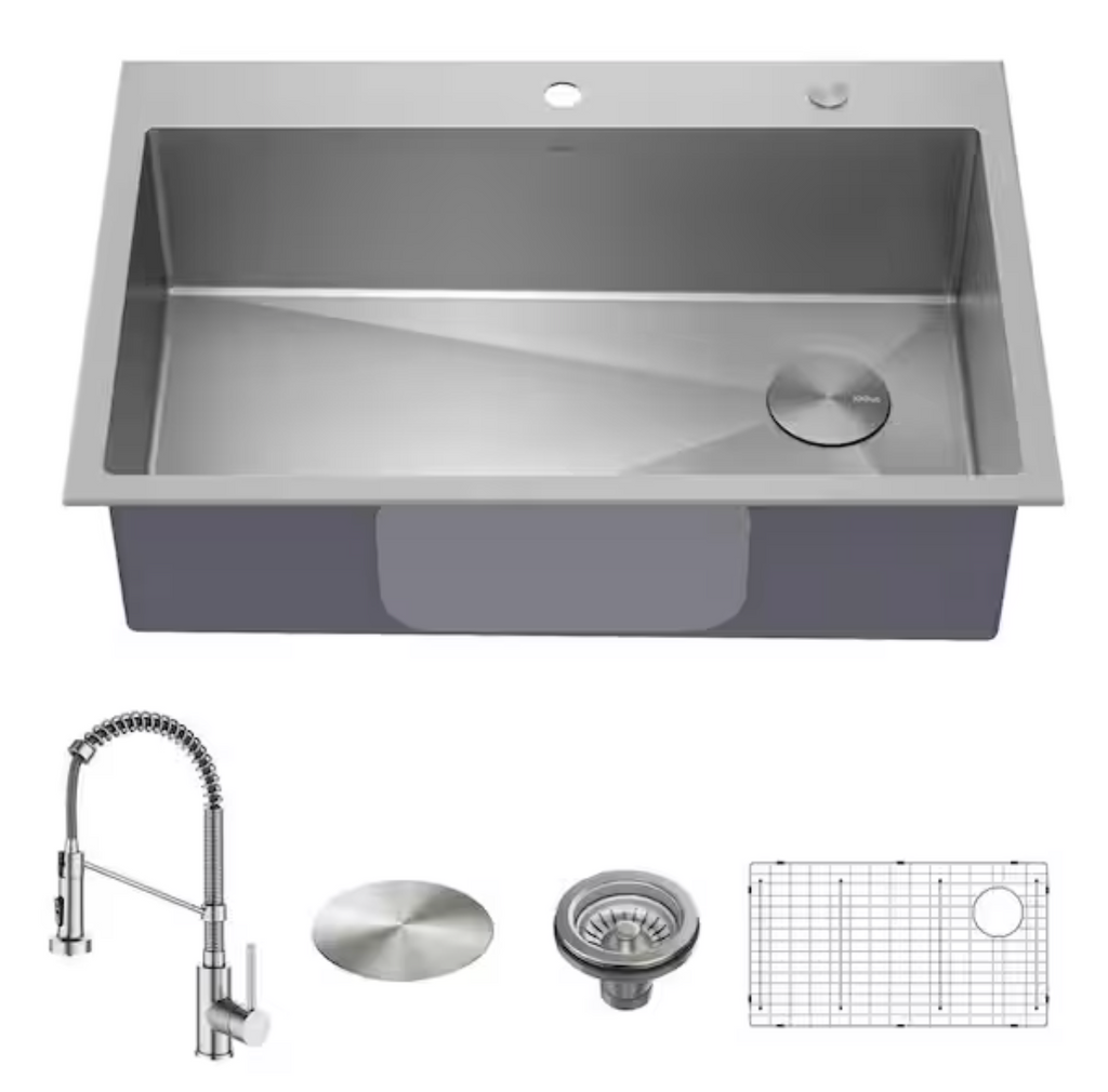 KRAUS Loften All-in-One 33 in Drop In Single Bowl 18-Gauge Stainless Steel Kitchen Sink w/ Bolden Pull Down Faucet in Chrome