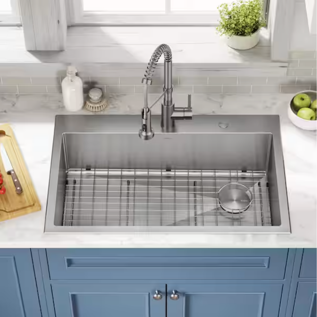 KRAUS Loften All-in-One 33 in Drop In Single Bowl 18-Gauge Stainless Steel Kitchen Sink w/ Bolden Pull Down Faucet in Chrome