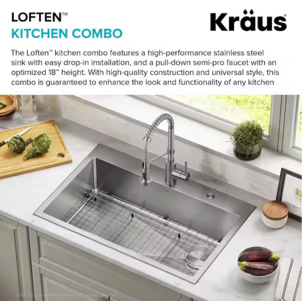 KRAUS Loften All-in-One 33 in Drop In Single Bowl 18-Gauge Stainless Steel Kitchen Sink w/ Bolden Pull Down Faucet in Chrome