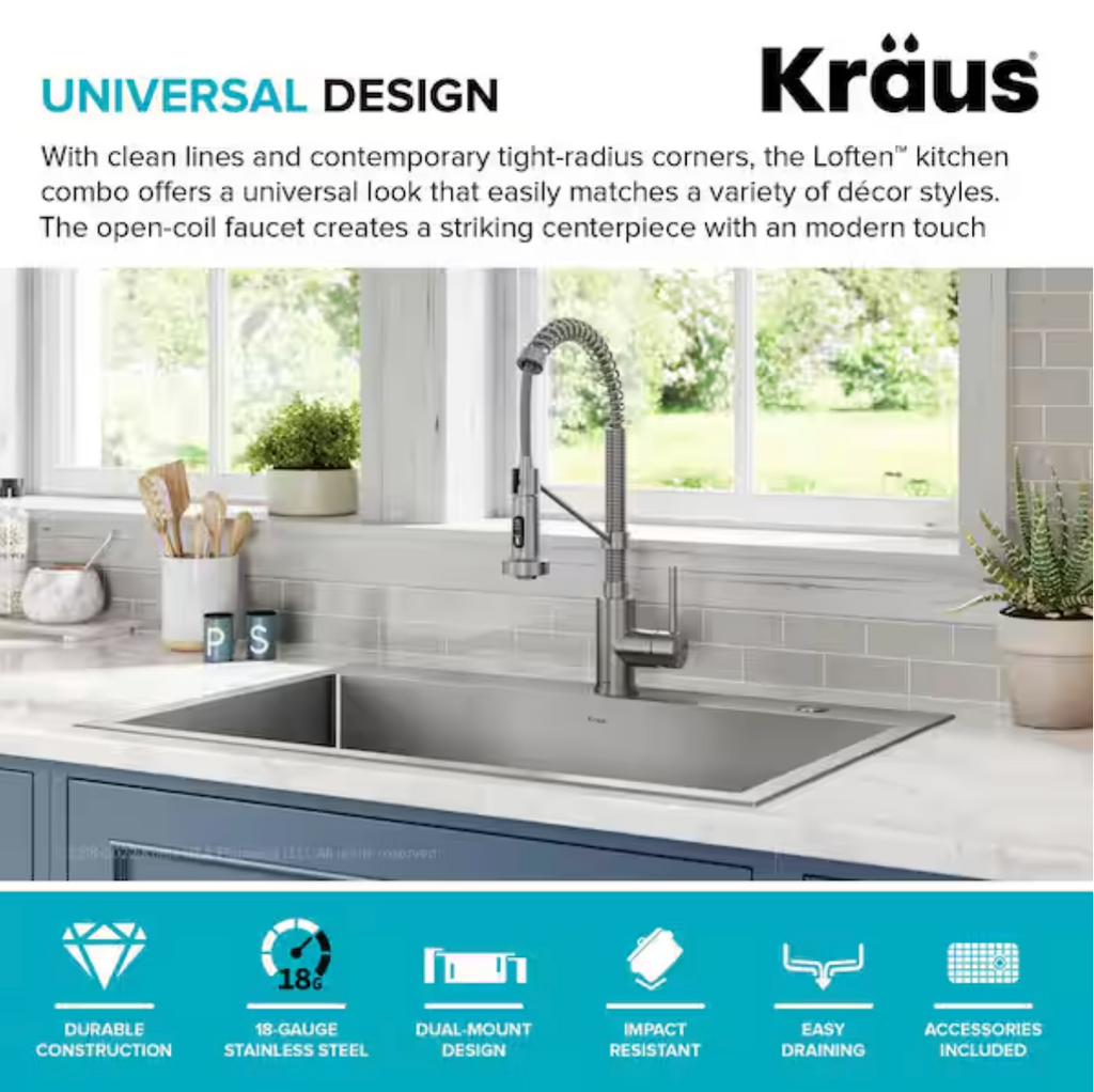 KRAUS Loften All-in-One 33 in Drop In Single Bowl 18-Gauge Stainless Steel Kitchen Sink w/ Bolden Pull Down Faucet in Chrome
