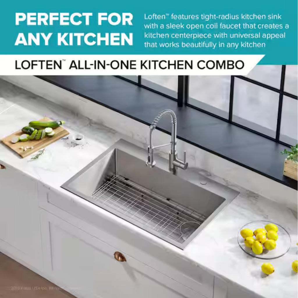 KRAUS Loften All-in-One 33 in Drop In Single Bowl 18-Gauge Stainless Steel Kitchen Sink w/ Bolden Pull Down Faucet in Chrome