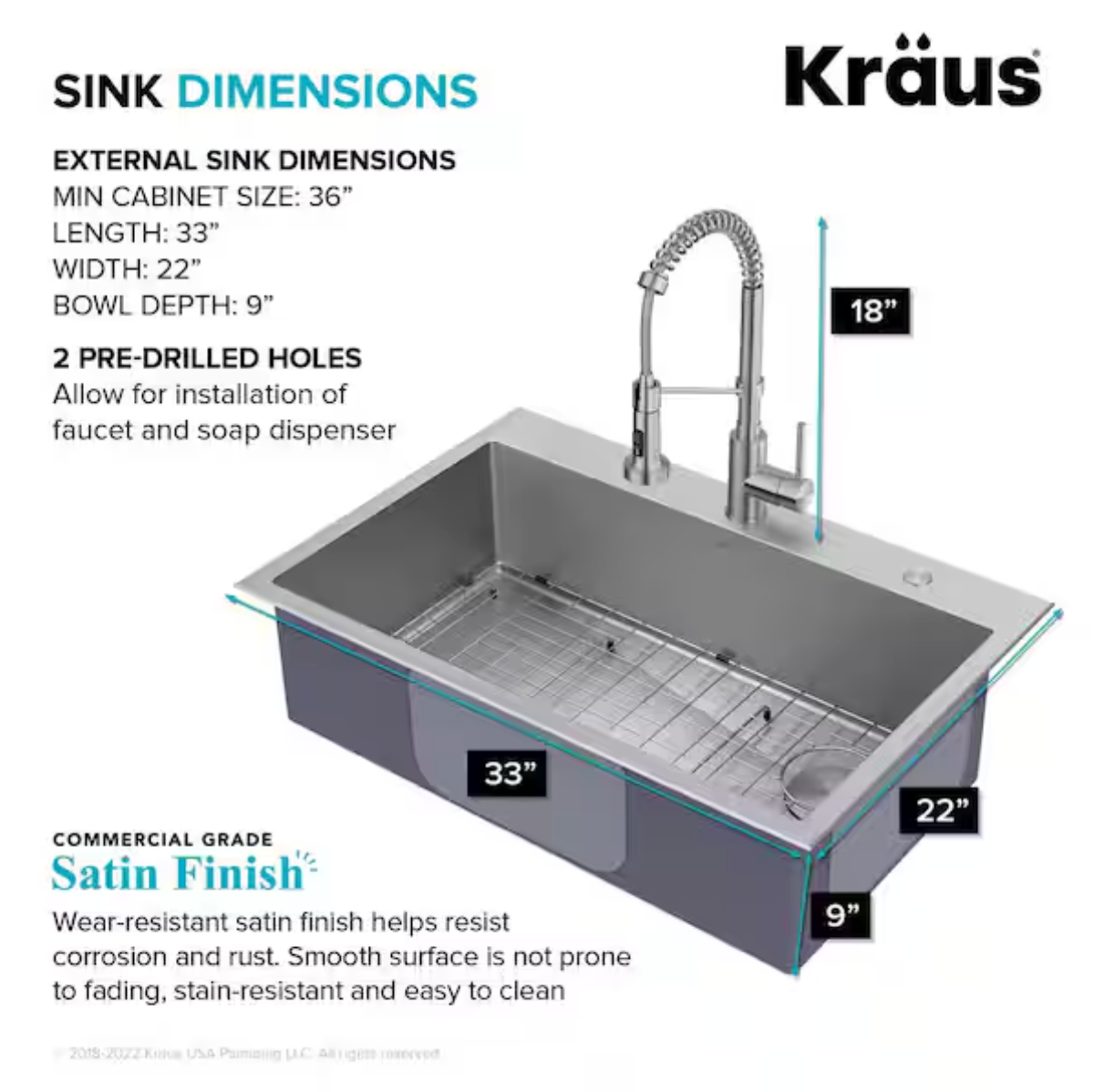 KRAUS Loften All-in-One 33 in Drop In Single Bowl 18-Gauge Stainless Steel Kitchen Sink w/ Bolden Pull Down Faucet in Chrome